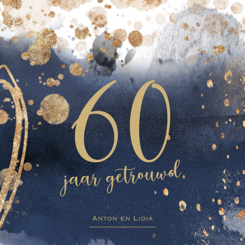 Watercolor uitnodiging 60e jubileum blauw met goud look kleur