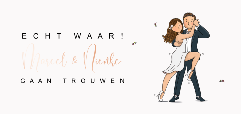 Grappige trouwkaart langwerpig met bruidspaar dansend