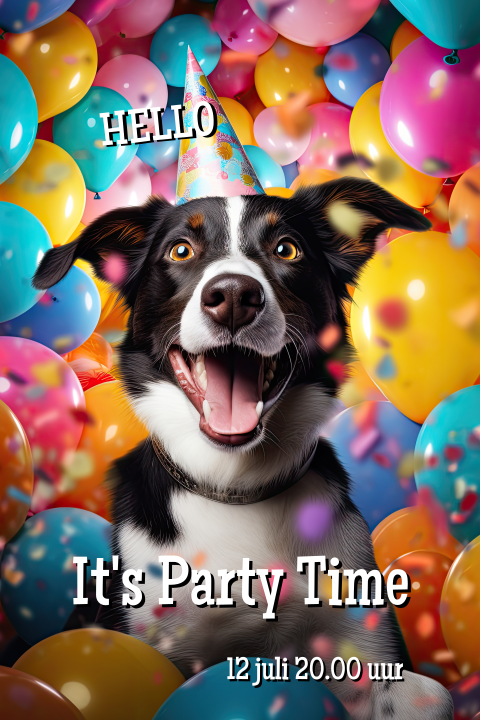 Vrolijke uitnodiging met hond en ballonnen