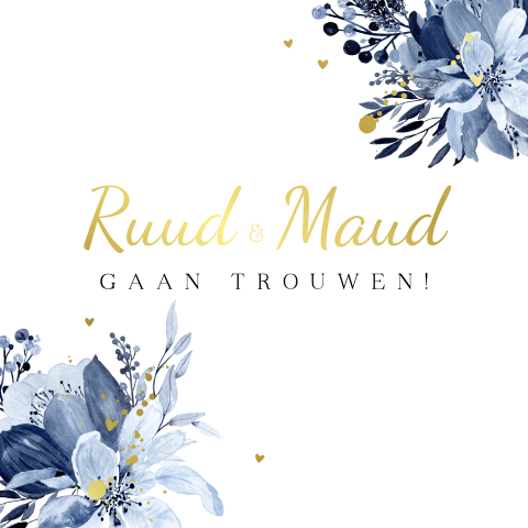 Stijlvolle trouwkaart bladeren delfts-blauw goudfolie