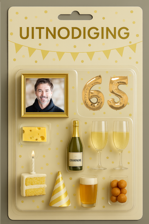 Uitnodiging 65 jaar met eigen foto blister verpakking