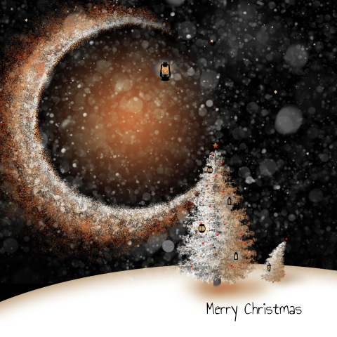 Kerstkaart winteravond kerst maan en lantaren