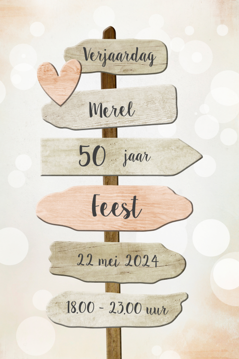Verjaardag 50 jaar uitnodiging wegwijzer houten bordjes pastel