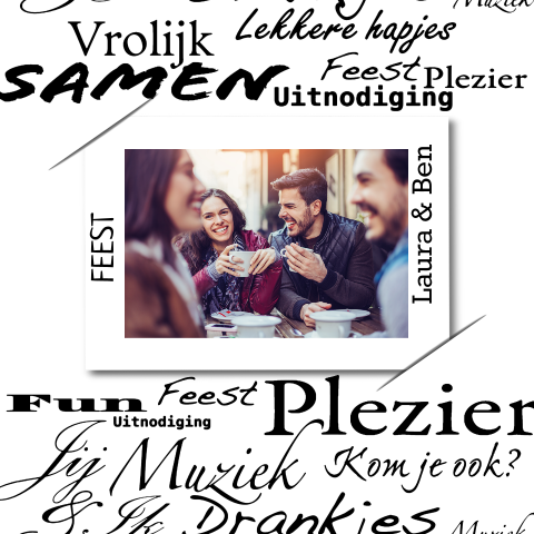 Moderne uitnodiging feest in zwart wit met typografie en foto