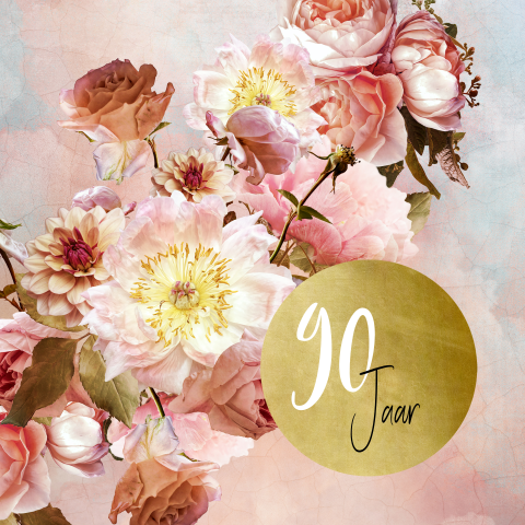 Uitnodiging 90ste verjaardag met roze bloemen