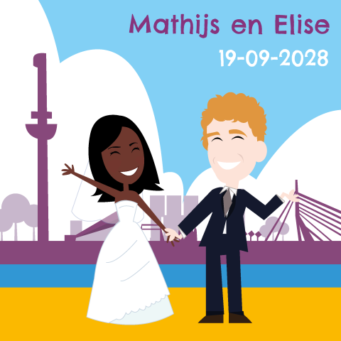 Trouwkaart Rotterdam met bruidspaar cartoon