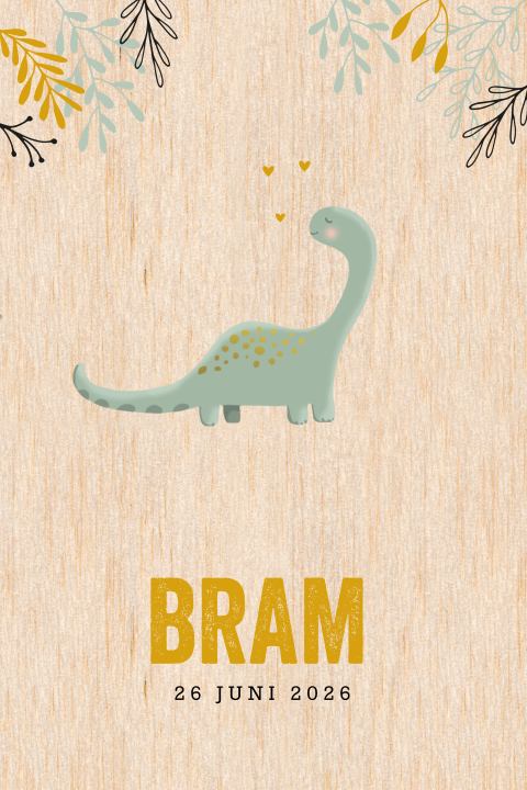 Hip echt houten geboortekaartje voor een jongen met dino