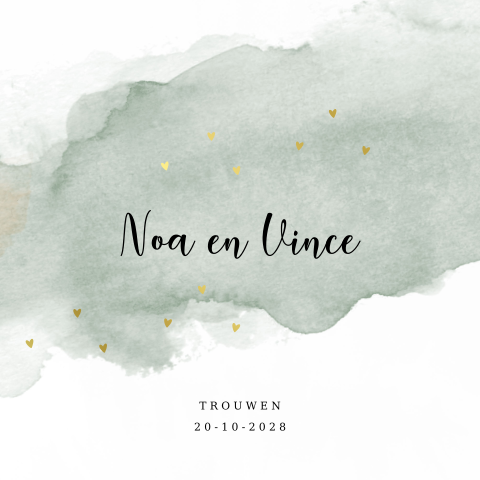 Trouwkaart watercolor groen goudfolie hartjes