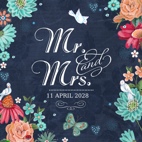 Trouwkaart schoolbord Mr en Mrs met bloemen