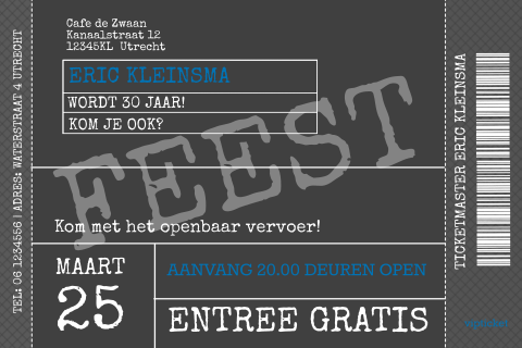 Typografie verjaardag uitnodiging grijs ticket met streepjescode