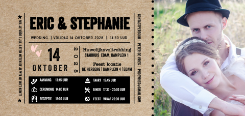 Ticket trouwkaart festival-stijl langwerpig met eigen foto