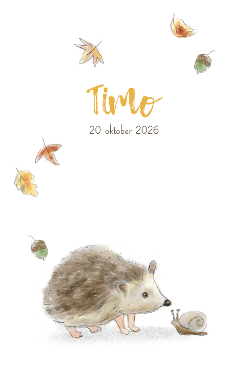 Geboortekaartje egel herfst met een slak