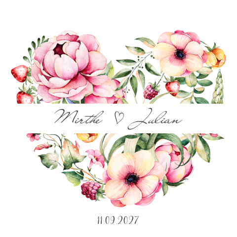 Trouwkaart met hart van roze bloemen