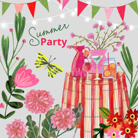 Uitnodiging zomer zomerfeest tuinfeest met bloemen en cocktails