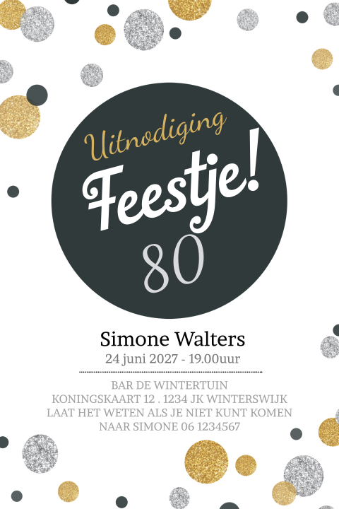 Uitnodiging 80 jaar verjaardag met confetti in zilver en goudlook