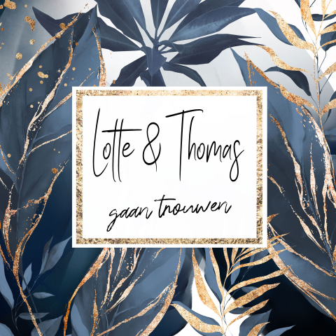 Trouwkaart uitnodiging avondfeest blauw goud bloemen
