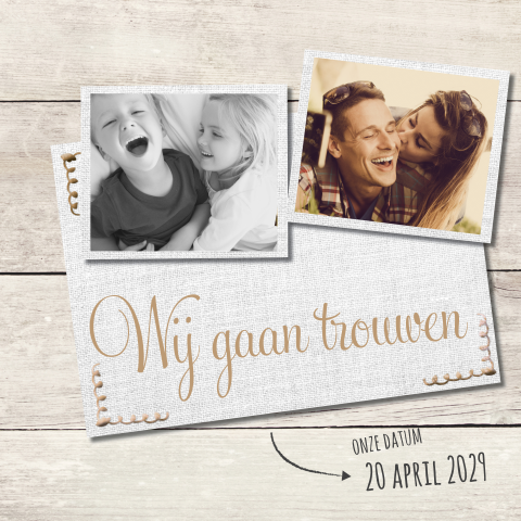 Trouwkaart  grijze houten planken linnen stof en fotocollage