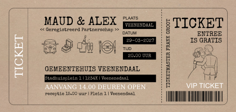 Geregistreerd partnerschap ticket lang wit met illustraties kraftlook