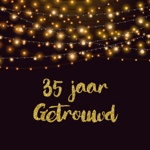 Jubileumkaart 35 jaar getrouwd met lichtslingers en gouden glitters