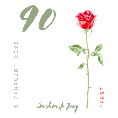 90 jaar verjaardag uitnodiging met een rode roos