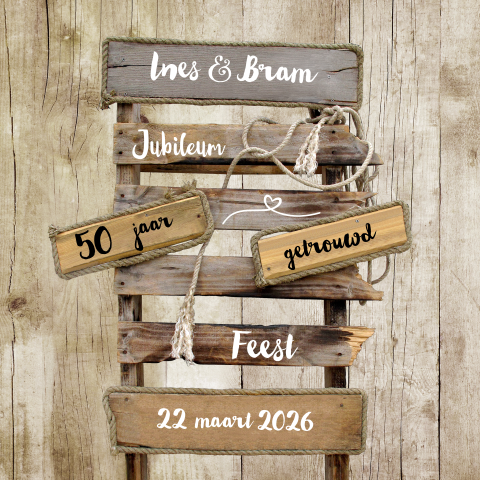 Uitnodiging jubileum 50 pallet houten bordjes