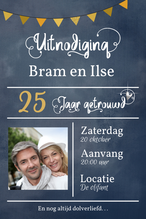 Uitnodiging 25 jaar getrouwd blauw met foto