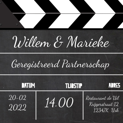 Geregistreerd Partnerschap kaart met film klapper zwart wit scenebord