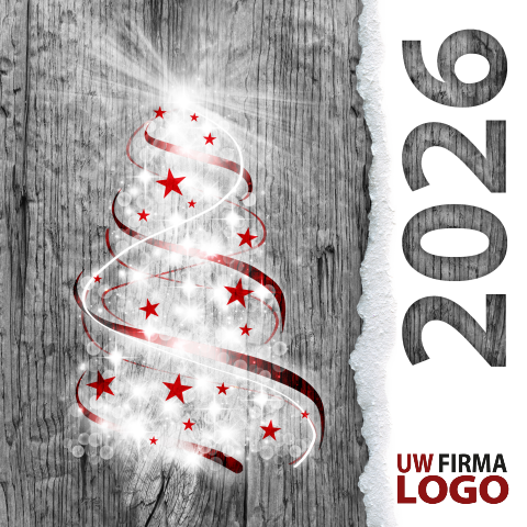 Zakelijke kerstkaart met kerstboom jaartal 2026 en ruimte voor logo