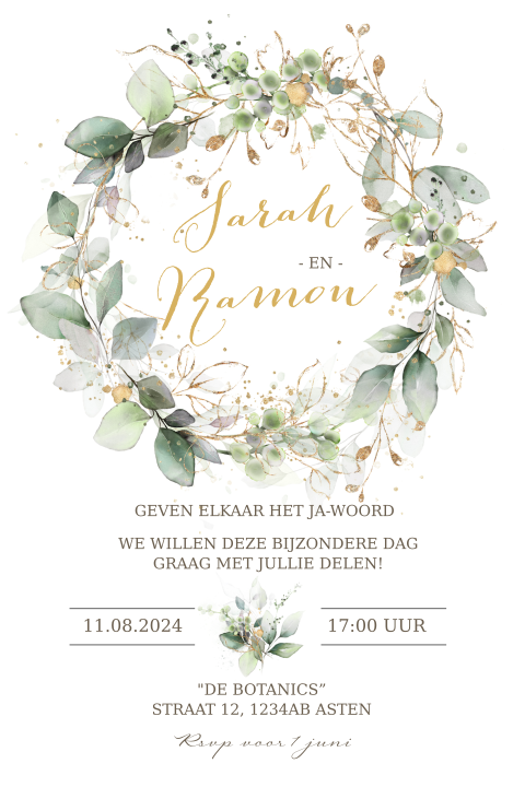 Uitnodiging voor een huwelijk met zacht groene krans