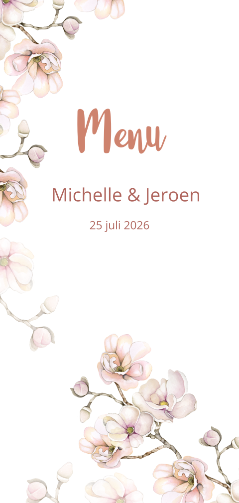 Trouwen menukaart magnolia roze wit