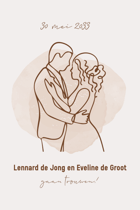 Trouwkaart met lijntekening van bruidspaar in beige bruin tinten