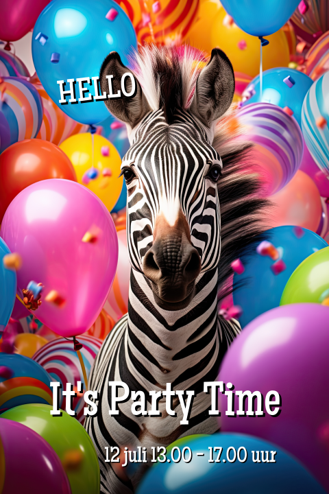 Uitnodiging kinderfeest Zebra met vrolijke ballonnen