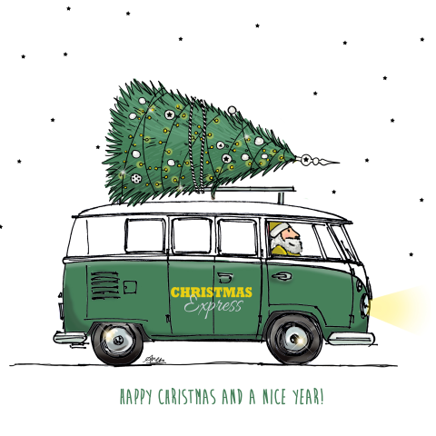 Leuke getekende kerstkaart van leuke vw bus met kerstboom