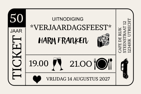 Uitnodiging maken in ticket-vorm verjaardag 50 jaar