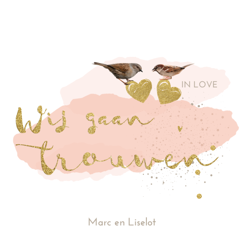 Romantische leuke trouwkaart met roze verf en goud accenten