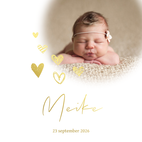 Geboortekaart foto met hartjes goudfolie meisje