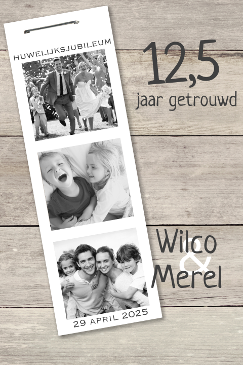 Uitnodiging 12,5 jaar getrouwd met hout design en foto strip