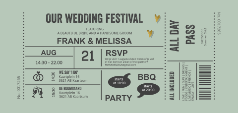 Trouwkaart in ticket vorm groen festival wedding