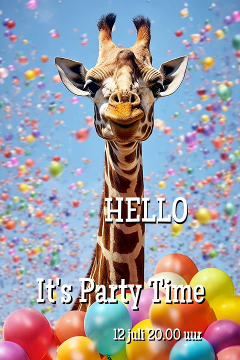 Een feestelijke en vrolijke uitnodiging voor een verjaardag met giraf