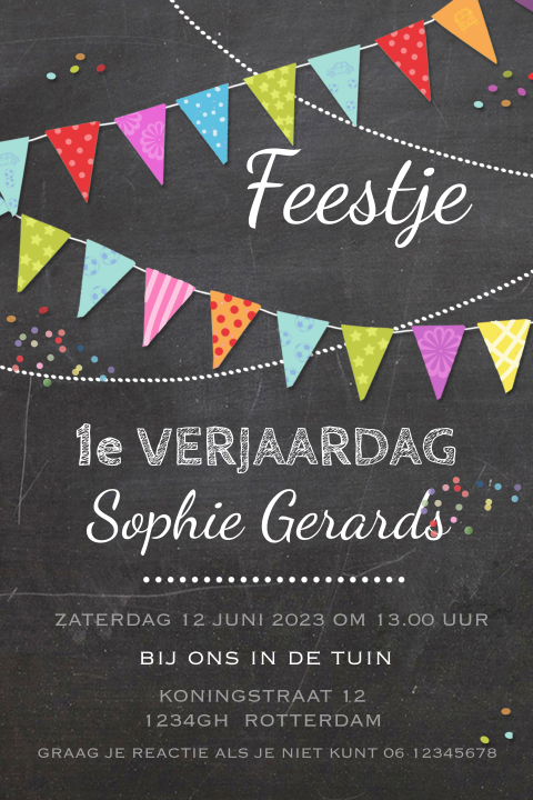Hippe feest uitnodiging eerste verjaardag met confetti 