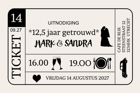 Jubileum uitnodiging ticket 12,5 jaar getrouwd