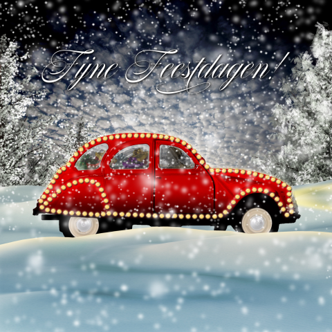 Kerstkaart 2cv eend door de sneeuw naar huis