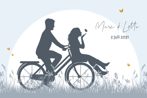 Trouwkaart met silhouet van stel op fiets