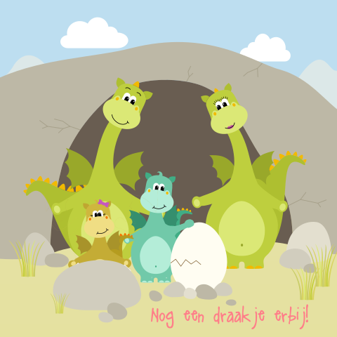 Geboortekaartje dino 3e kindje met draakjes  dino