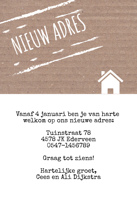 Verhuisbericht kaart karton wit met krijtbord huisje en stempel