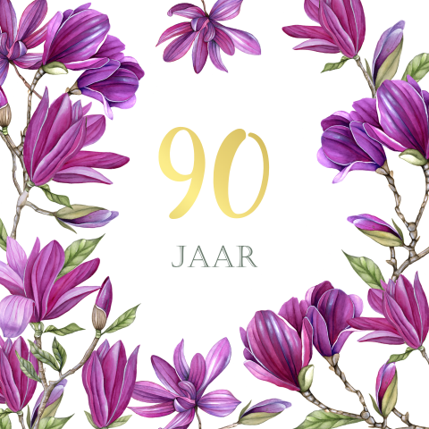 Uitnodiging 90 jaar verjaardag met paarse magnolia bloemen