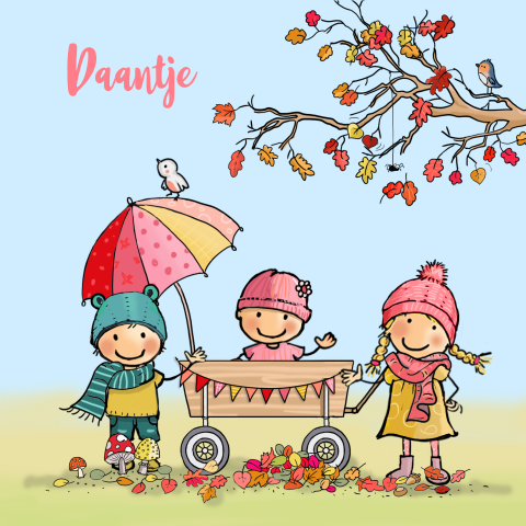 3e kind geboortekaartje babymeisje met zus, broertje in bolderwagen