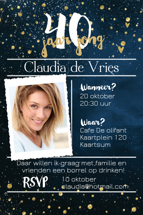 Uitnodiging verjaardagsfeest 40 jaar gouden glitters en foto