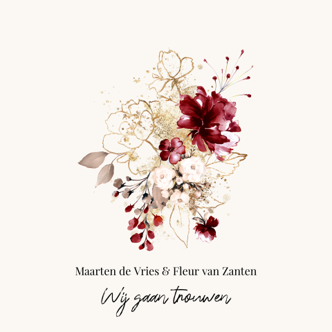 Trouwkaart botanisch met rode en goud look  bloemen
