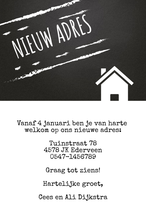 Verhuiskaart zwart wit met krijtbord huisje en stempel